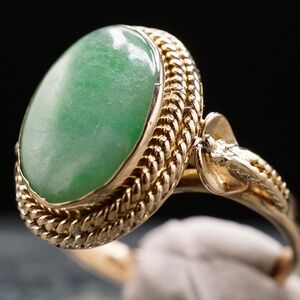 Early 20th Century Nephrite Jade Statement Ring Art Deco 14k Solid Rose Gold sz6